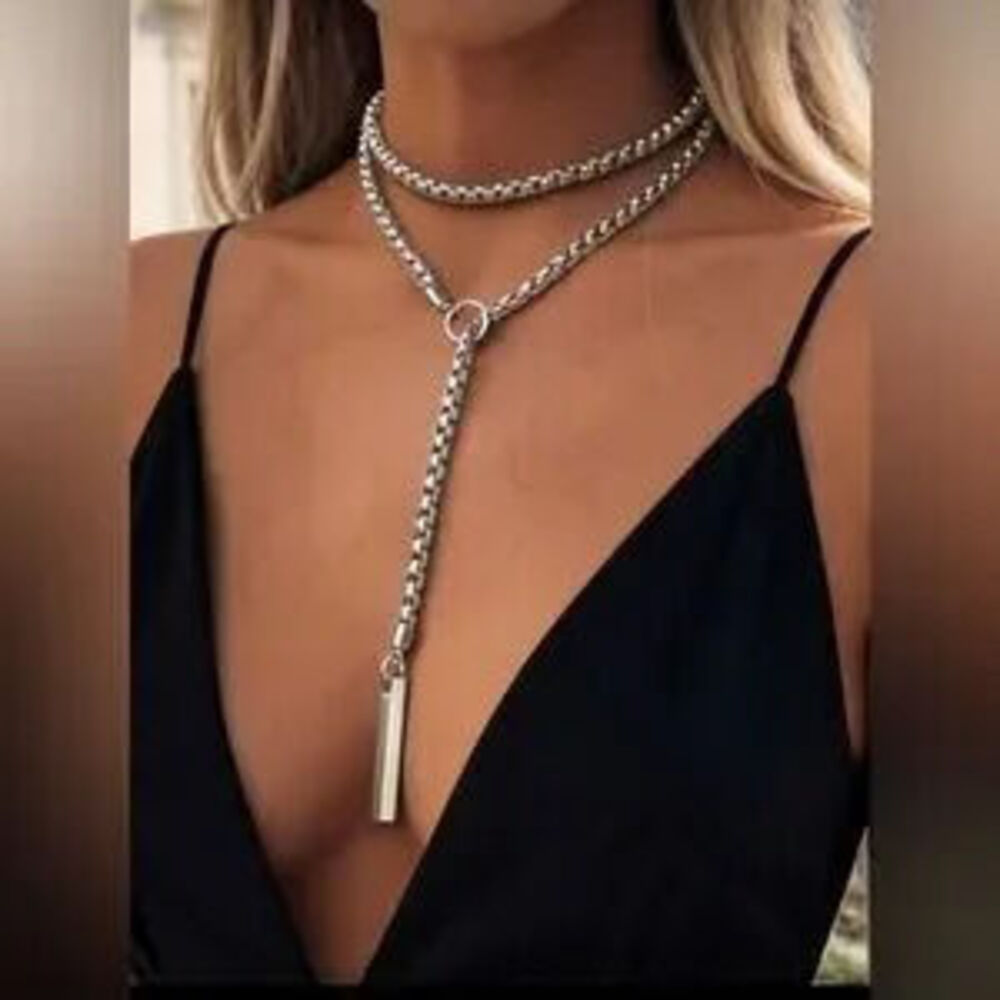 Silver Plated Stainless Steel Lariat Necklace Stainless Steel Long Drop Necklace - Picture 2 of 3